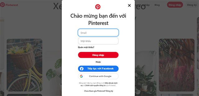Đăng nhập Pinterest bằng Facebook hoặc Google vô cùng tiện lợi