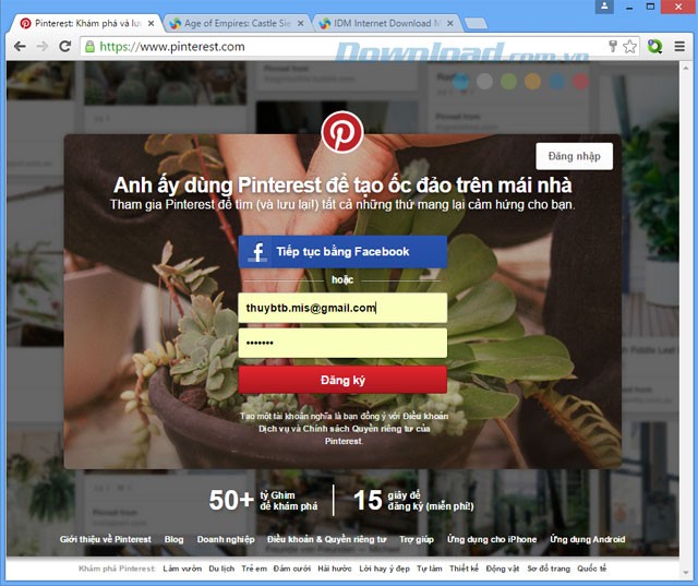 Giao diện đăng nhập của mạng xã hội Pinterest