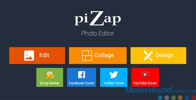 Thực đơn chính của phần mềm piZap