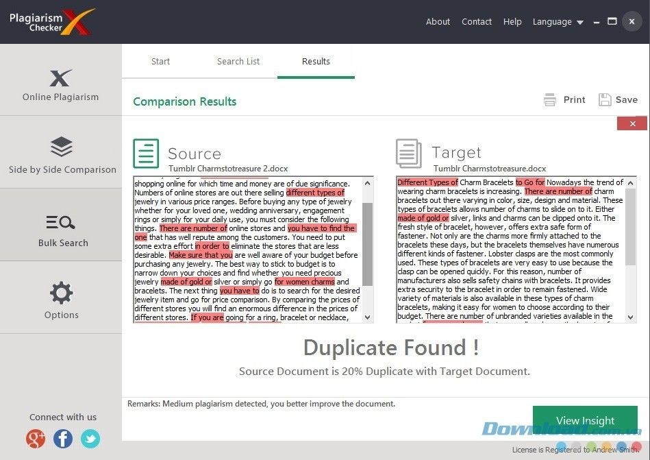 Plagiarism Checker X sẽ bôi màu những đoạn trùng nội dung