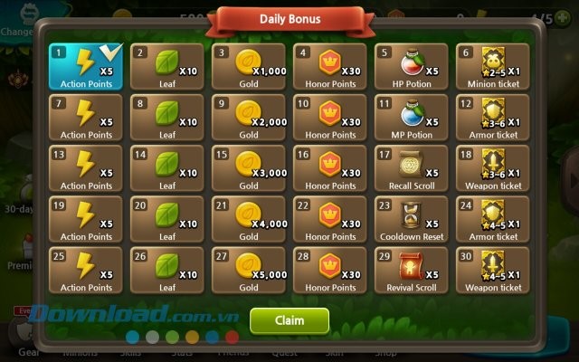 Phần thưởng hàng ngày trong game Plants War 2