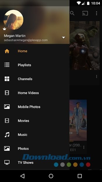 Menu ứng dụng Plex for Android