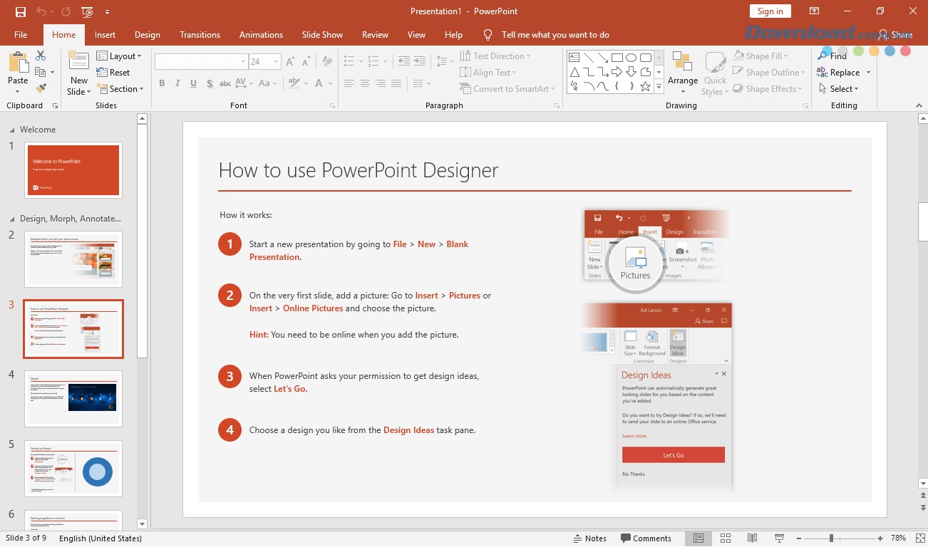 Giao diện làm việc của PowerPoint 2019