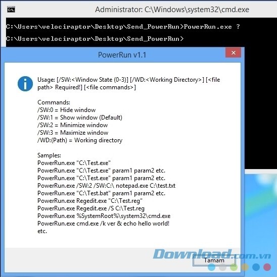 Kiểm tra các tham số PowerRun hỗ trợ cmd