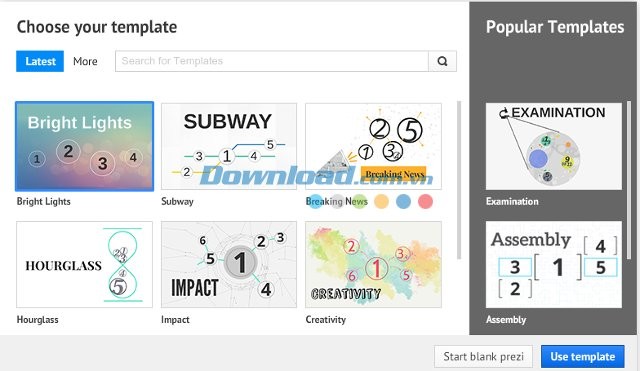 Lựa chọn Template để bắt đầu tạo Prezi