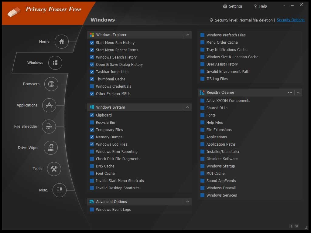 Privacy Eraser có khả năng quét sạch sẽ Windows
