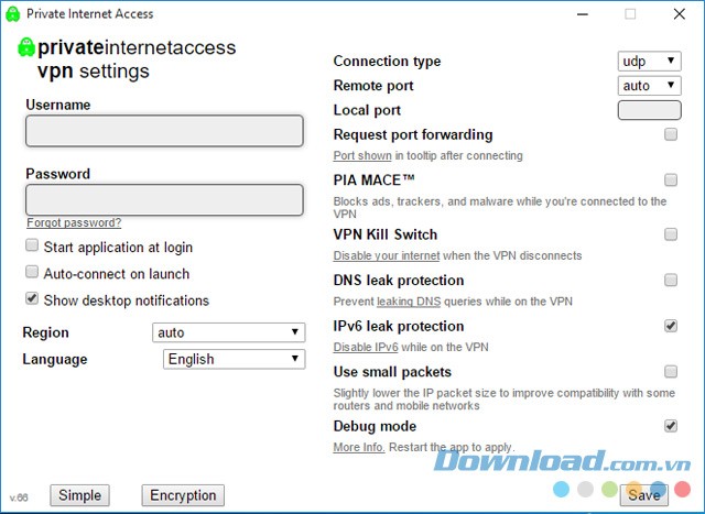 Giao diện chính của phần mềm mạng riêng ảo Private Internet Access cho máy tính