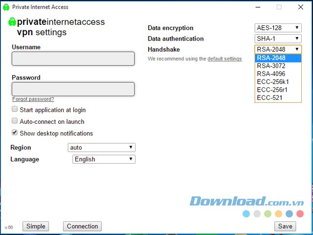 Tùy chỉnh tính năng mã hóa trong ứng dụng mạng riêng ảo Private Internet Access cho máy tính