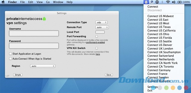Giao diện chính của ứng dụng mạng riêng ảo Private Internet Access cho Mac