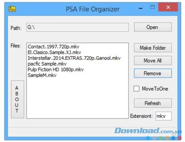 PSA File Organizer với giao diện mục Remove