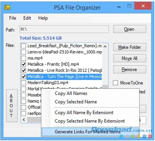 PSA File Organizer với giao diện đánh dấu đường link