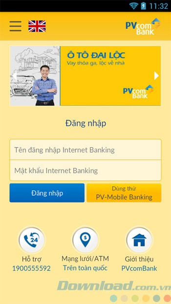 Giao diện đăng nhập PV Mobile Banking
