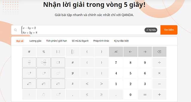 qanda.ai sẽ cung cấp một bộ ký tự và con số để bạn nhập phép tính