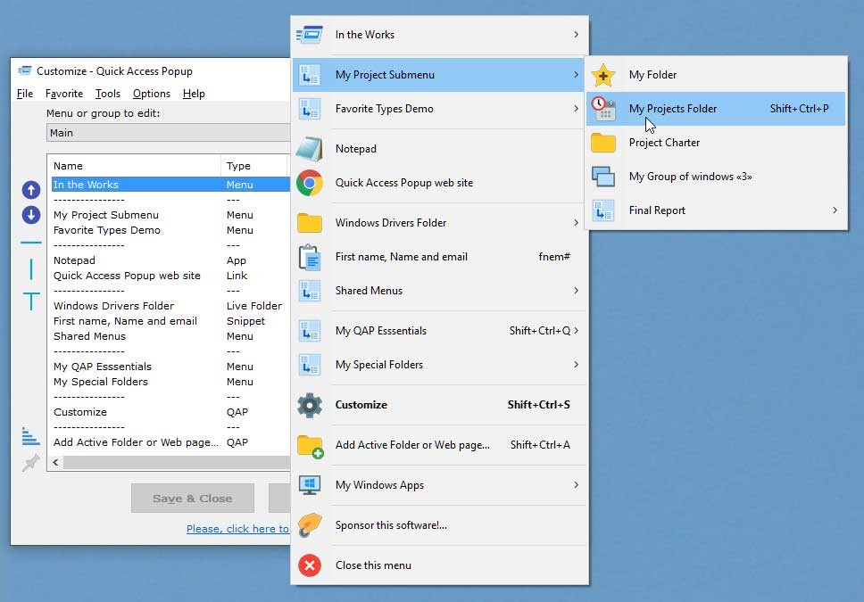 Giao diện Quick Access Popup