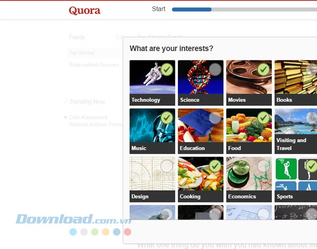 Lựa chọn lĩnh vực ưa thích trong ứng dụng web Quora để học hỏi theo ý muốn
