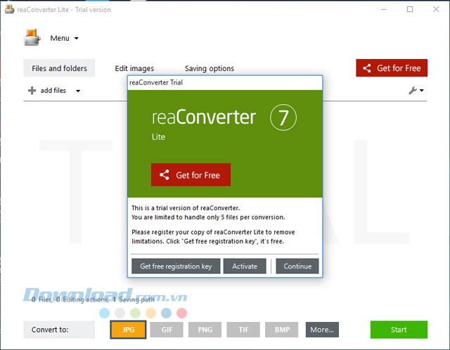 Giao diện chính của ứng dụng chỉnh sửa ảnh và chuyển đổi định dạng ReaConverter Lite cho PC