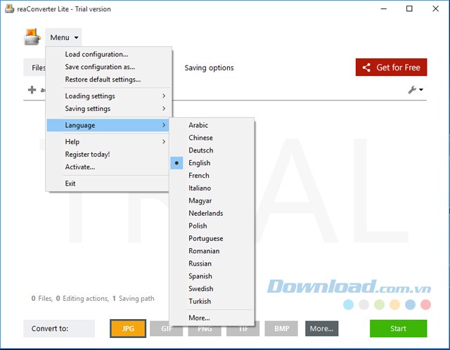 Lựa chọn ngôn ngữ trong ứng dụng chuyển đổi định dạng và chỉnh sửa ảnh ReaConverter Lite cho máy tính