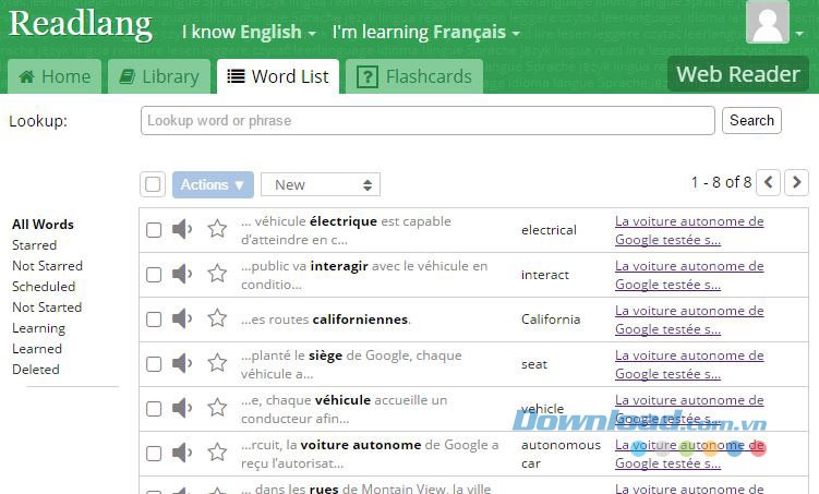 Danh sách từ mới của Readlang