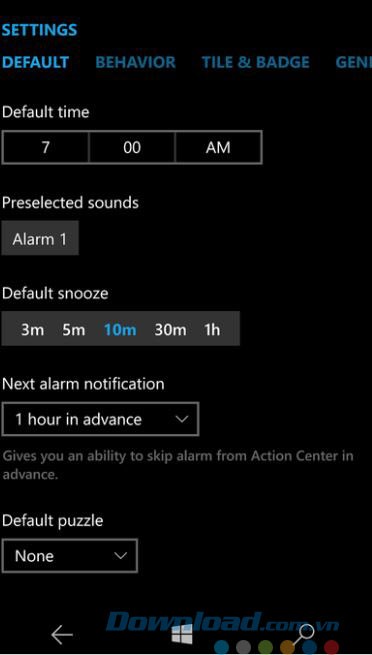 Các thiết lập mặc định