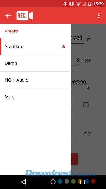 Menu ứng dụng Rec. (Screen Recorder)