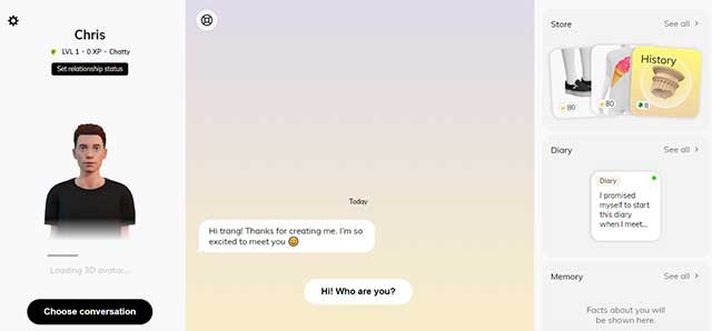 Sau khi tạo tài khoản, bạn có thể ngay lập tức trò chuyện với Replika