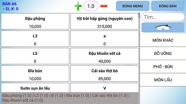 Thực đơn trên Res One