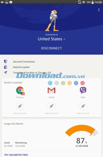 Giao diện ứng dụng Rocket VPN