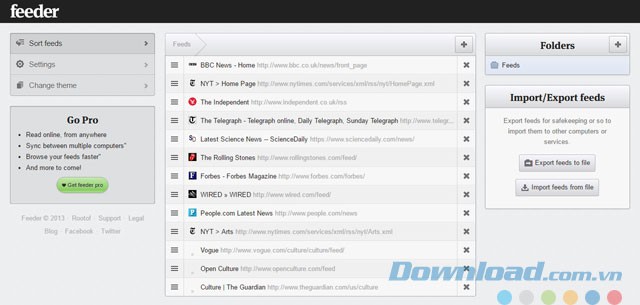 Quản lý trang báo trong Sort Feeds