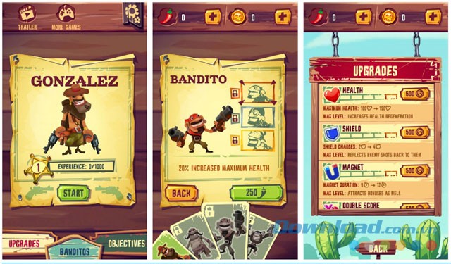 Hoàn thành các mục tiêu và nâng cấp trong game chạy vô tận kết hợp bắn súng Run & Gun - Banditos cho Windows Phone và máy tính