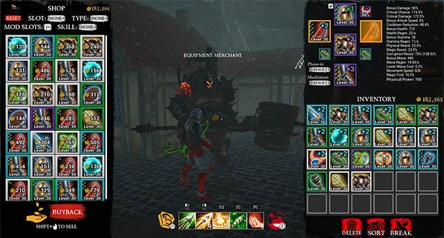 Thu thập item mà kẻ thù drop hoặc mua trong thị trấn để craft trang bị, nâng cấp anh hùng không ngừng