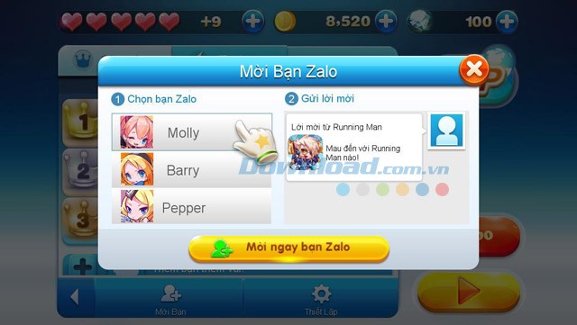 Mời bạn bè trên Zalo, Facebook cùng chơi game Running Man