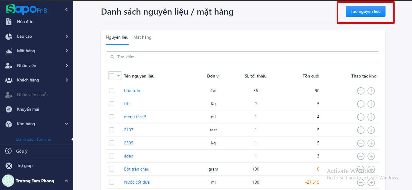 Kiểm soát tồn kho theo mặt hàng, nguyên liệu