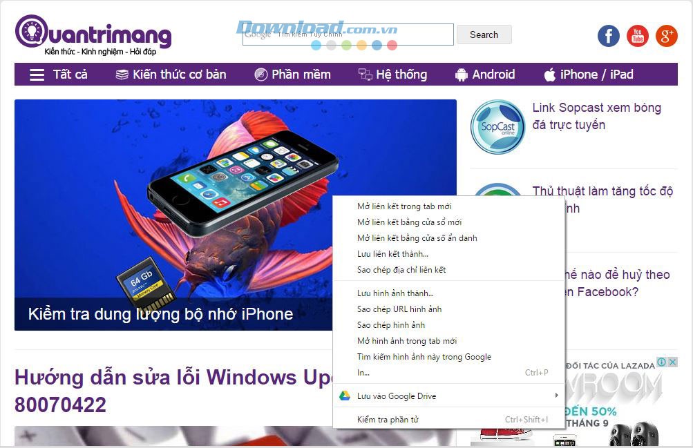 Click chuột phải để chọn lưu thông tin trên web vào Google Drive
