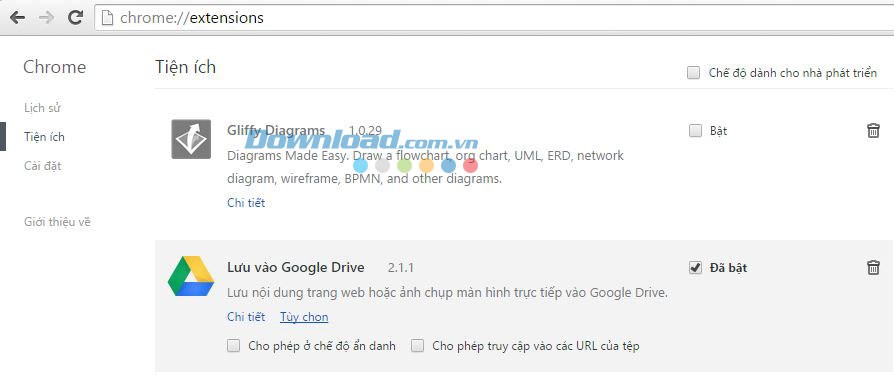 Danh mục các tiện ích trong đó có Save to Google Drive