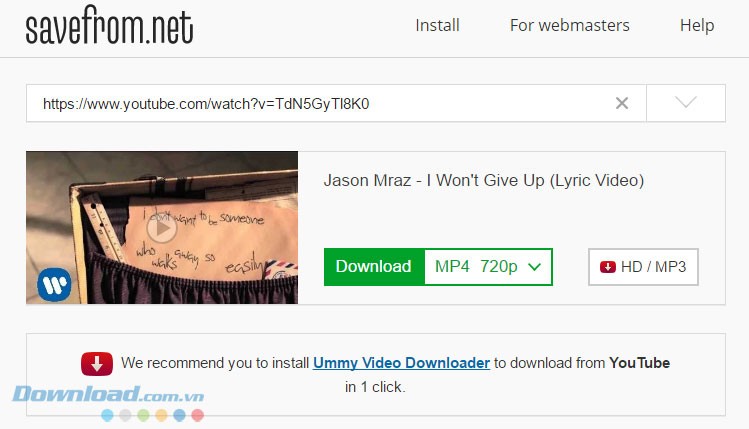 Giao diện ứng dụng tải video miễn phí từ nhiều trang web miễn phí SaveFrom