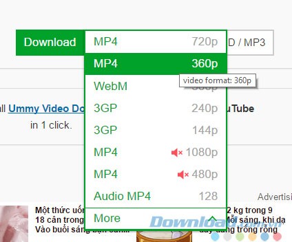 SaveFrom mang tới nhiều lựa chọn chất lượng video hoặc audio cho file tải về