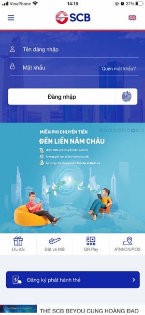Giao diện đăng nhập SCB Mobile Banking