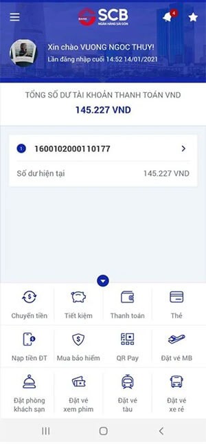 Trang chủ của SCB Mobile Banking