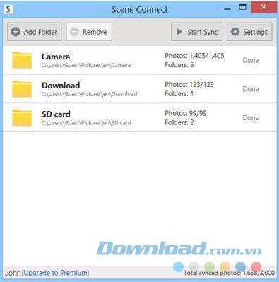 Giao diện phần mềm đồng bộ ảnh máy tính và điện thoại Scene Connect