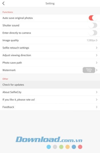 Các thiết lập chính của SelfieCity