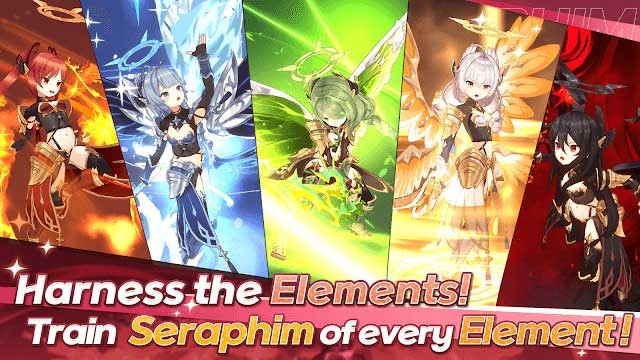 Seraphim Ariel trỗi dậy bằng sức mạnh của các nguyên tố để cứu Cõi thiên thể đã sụp đổ trong game Seraphim Saga: Idle RPG