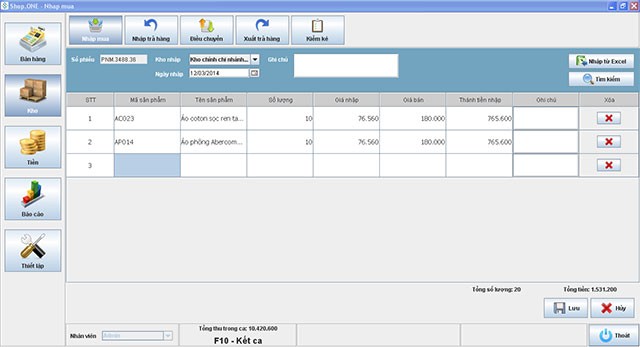 Giao diện nhập kho hàng hóa trên Shop One