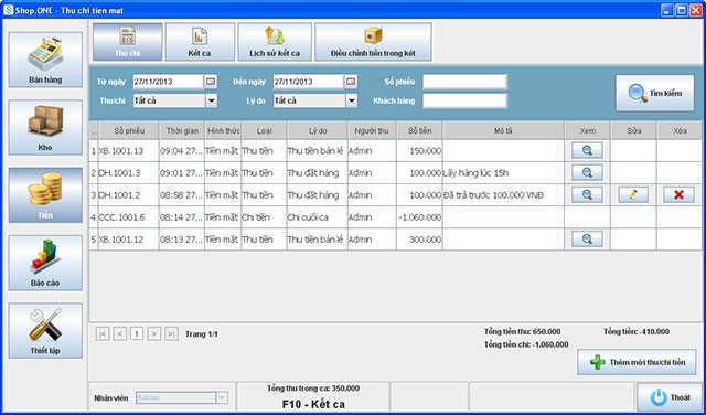 Giao diện thu chi tiền mặt trên phần mềm Shop One