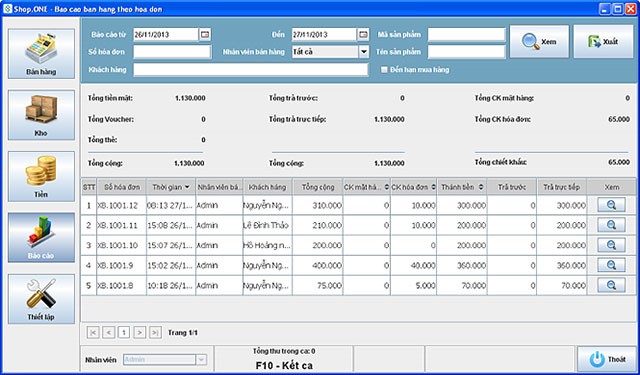 Giao diện báo cáo bán hàng