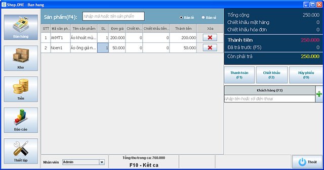 Giao diện bán hàng trên phần mềm Shop One