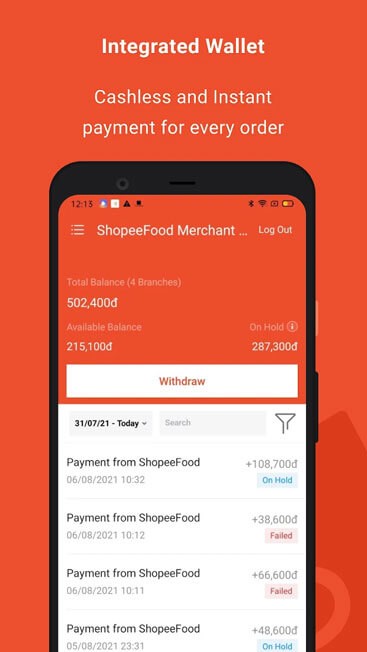 Quản lý ví ShopeeFood Merchant Wallet