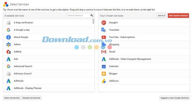 Quản lý danh mục shortcut