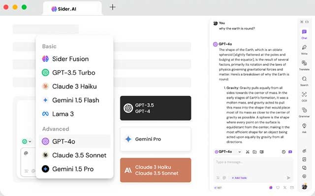 Sider tích hợp các mô hình AI hàng đầu như ChatGPT 3.5/4, Claude 3, Gemini 1.5 Pro