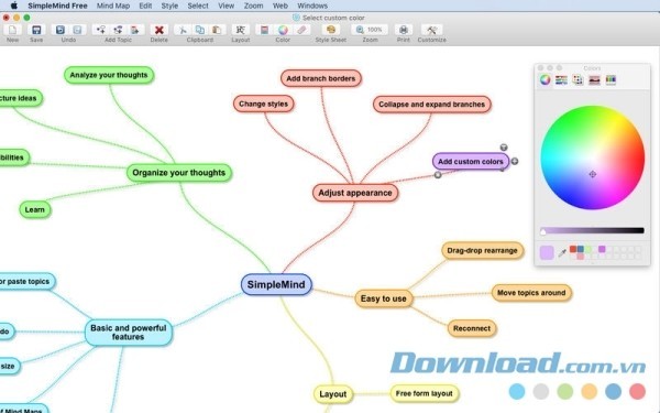 SimpleMind Free cho Mac tinh chỉnh màu sắc các ô nội dung để tiện theo dõi
