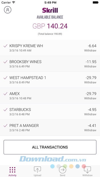 Giao diện ứng dụng Skrill